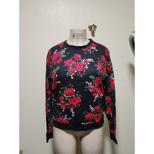 H & M DIVIDED FLORAL RED ROSE PRINT SWEATSHIRT, SIZE MEDIUM ROSE PRINT SWEATER